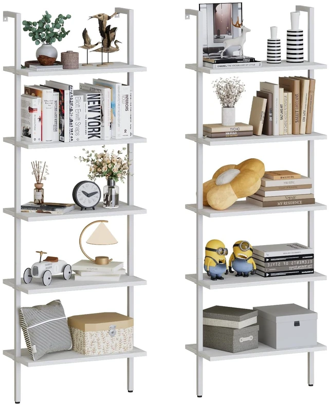 Main image of Ladder Shelf 2 PCS White Bookshelf 5-Tier Wooden Open Shelf Wall-Mounted Wood Rack Industrial Modern Plant Flower Stand Utility Organizer Bookcase Metal Frame Furniture Office Kitchen Bedroom