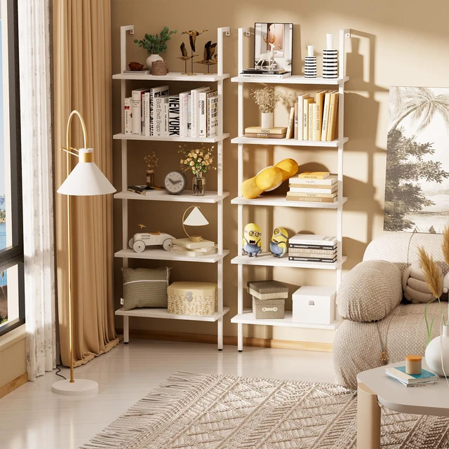 Alt view image 2 of 7 - Ladder Shelf 2 PCS White Bookshelf 5-Tier Wooden Open Shelf Wall-Mounted Wood Rack Industrial Modern Plant Flower Stand Utility Organizer Bookcase Metal Frame Furniture Office Kitchen Bedroom