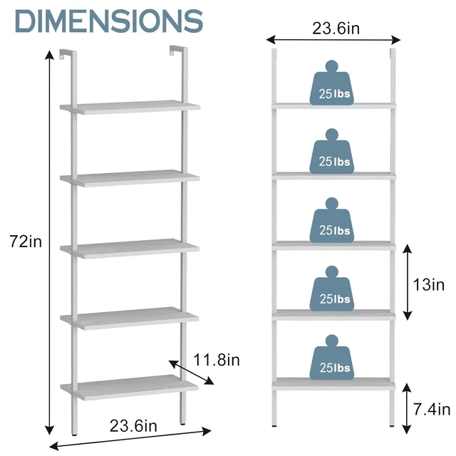 Alt view image 3 of 7 - Ladder Shelf 2 PCS White Bookshelf 5-Tier Wooden Open Shelf Wall-Mounted Wood Rack Industrial Modern Plant Flower Stand Utility Organizer Bookcase Metal Frame Furniture Office Kitchen Bedroom