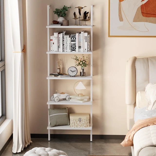 Alt view image 4 of 7 - Ladder Shelf 2 PCS White Bookshelf 5-Tier Wooden Open Shelf Wall-Mounted Wood Rack Industrial Modern Plant Flower Stand Utility Organizer Bookcase Metal Frame Furniture Office Kitchen Bedroom