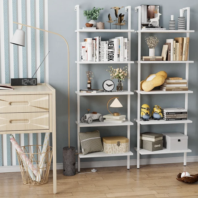 Alt view image 5 of 7 - Ladder Shelf 2 PCS White Bookshelf 5-Tier Wooden Open Shelf Wall-Mounted Wood Rack Industrial Modern Plant Flower Stand Utility Organizer Bookcase Metal Frame Furniture Office Kitchen Bedroom