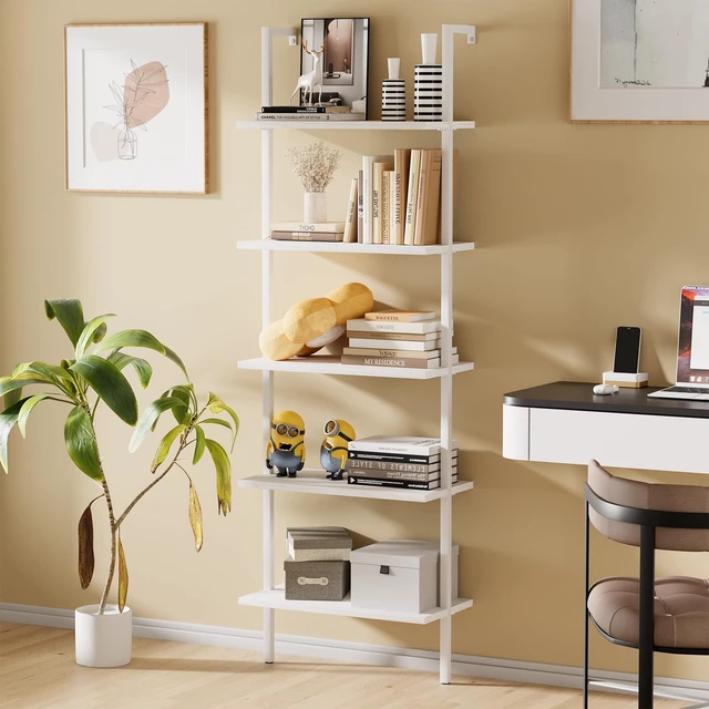 Alt view image 6 of 7 - Ladder Shelf 2 PCS White Bookshelf 5-Tier Wooden Open Shelf Wall-Mounted Wood Rack Industrial Modern Plant Flower Stand Utility Organizer Bookcase Metal Frame Furniture Office Kitchen Bedroom
