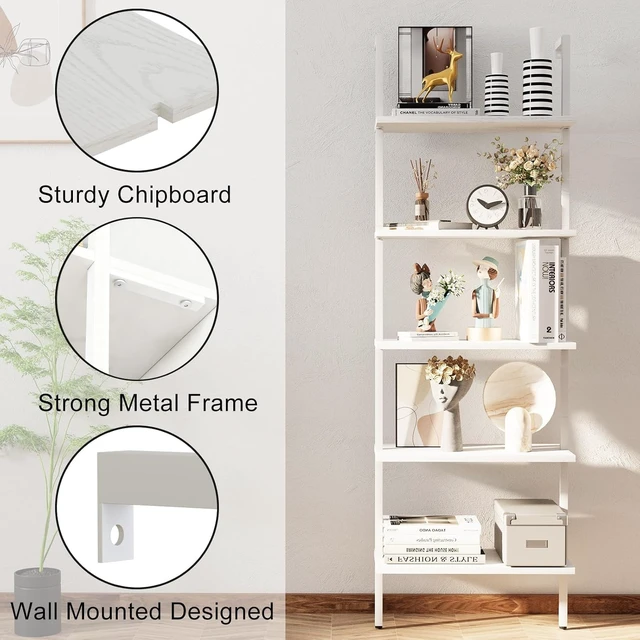 Alt view image 7 of 7 - Ladder Shelf 2 PCS White Bookshelf 5-Tier Wooden Open Shelf Wall-Mounted Wood Rack Industrial Modern Plant Flower Stand Utility Organizer Bookcase Metal Frame Furniture Office Kitchen Bedroom