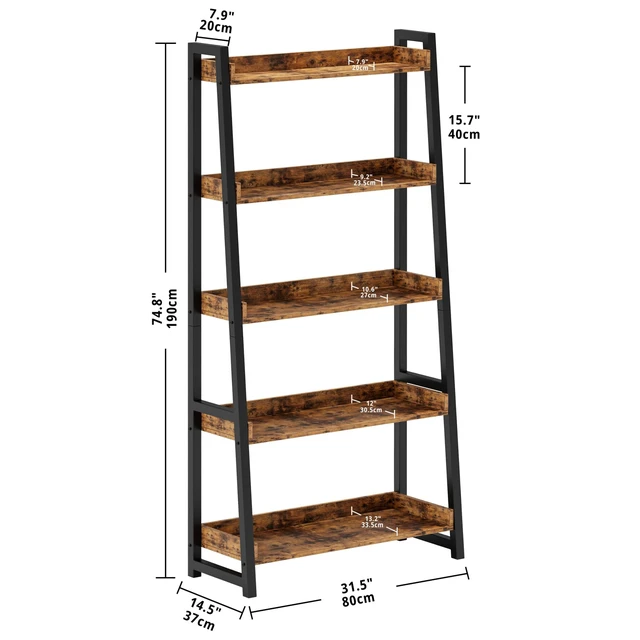 Alt view image 2 of 7 - Ladder Shelf 5-Tier 74.8in Tall, Industrial Bookcase and Bookshelf | MDF and Metal Frame. Edge Baffles. 33 lbs Per Shelf. Wall Mount. Anti-tip Device. for Office, Bathroom, Living Room.