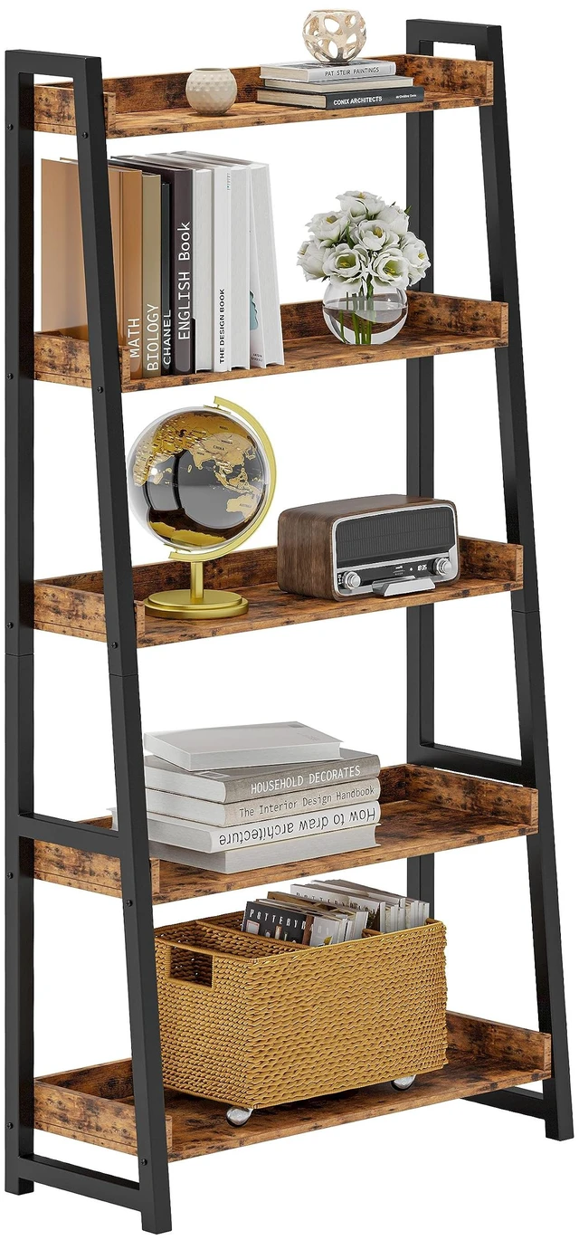 Main image of Ladder Shelf 5-Tier 74.8in Tall, Industrial Bookcase and Bookshelf | MDF and Metal Frame. Edge Baffles. 33 lbs Per Shelf. Wall Mount. Anti-tip Device. for Office, Bathroom, Living Room.