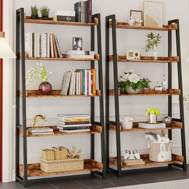 Alt view image 4 of 7 - Ladder Shelf 5-Tier 74.8in Tall, Industrial Bookcase and Bookshelf | MDF and Metal Frame. Edge Baffles. 33 lbs Per Shelf. Wall Mount. Anti-tip Device. for Office, Bathroom, Living Room.