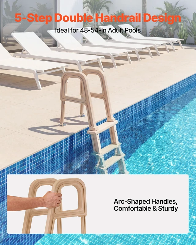 Alt view image 2 of 7 - Swimming Pool Ladder, Inclined 5-Step Double Handrails Stair, Non-Slip Wide Step, 300 lbs Load Capacity, for 48-54 in Inground & Above-Ground Pools, Any Deck Surface, Indoor & Outdoor, Taupe