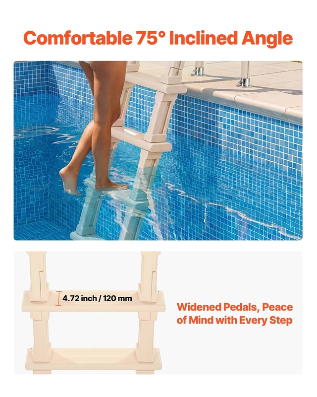 Alt view image 4 of 7 - Swimming Pool Ladder, Inclined 5-Step Double Handrails Stair, Non-Slip Wide Step, 300 lbs Load Capacity, for 48-54 in Inground & Above-Ground Pools, Any Deck Surface, Indoor & Outdoor, Taupe