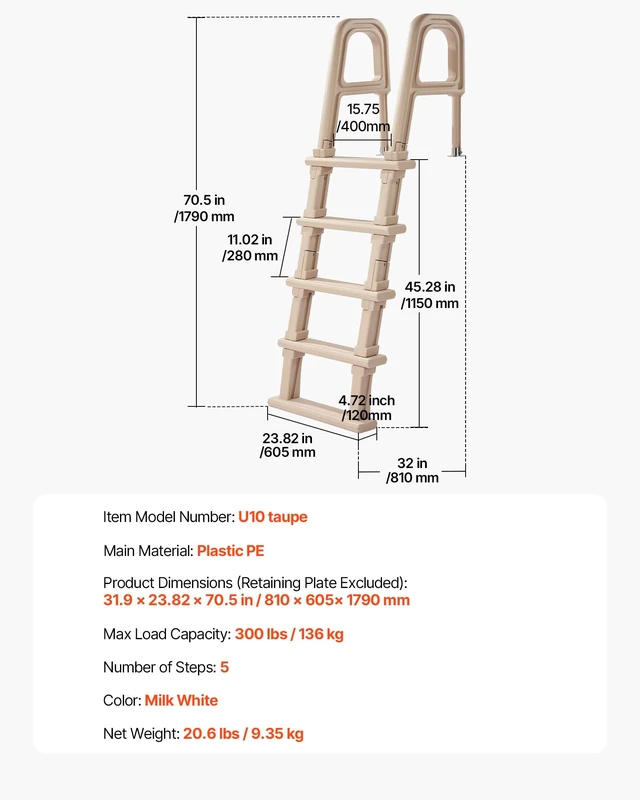 Alt view image 7 of 7 - Swimming Pool Ladder, Inclined 5-Step Double Handrails Stair, Non-Slip Wide Step, 300 lbs Load Capacity, for 48-54 in Inground & Above-Ground Pools, Any Deck Surface, Indoor & Outdoor, Taupe
