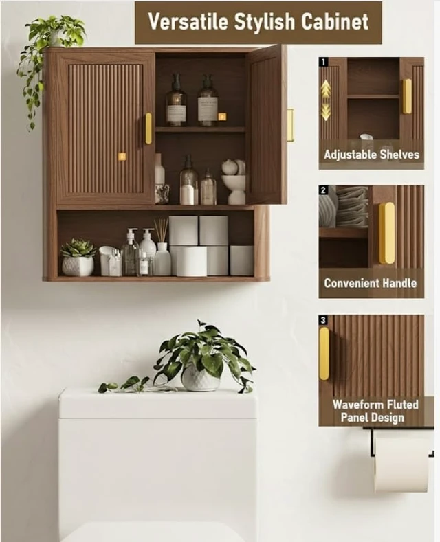 Alt view image 4 of 7 - Bathroom Storage Cabinet, Medicine Cabinet with Adjustable Wood Shelf & Doors, Over The Toilet Storage Cabinet for Laundry Room & Kitchen & Living Room (Walnut)