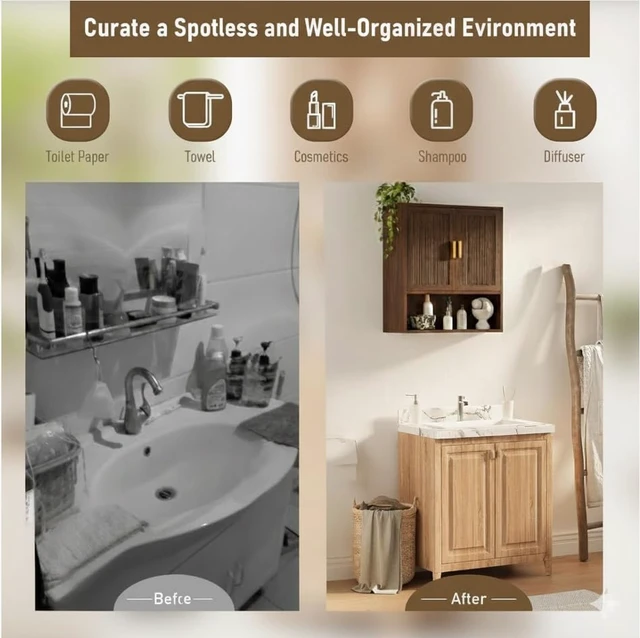 Alt view image 5 of 7 - Bathroom Storage Cabinet, Medicine Cabinet with Adjustable Wood Shelf & Doors, Over The Toilet Storage Cabinet for Laundry Room & Kitchen & Living Room (Walnut)