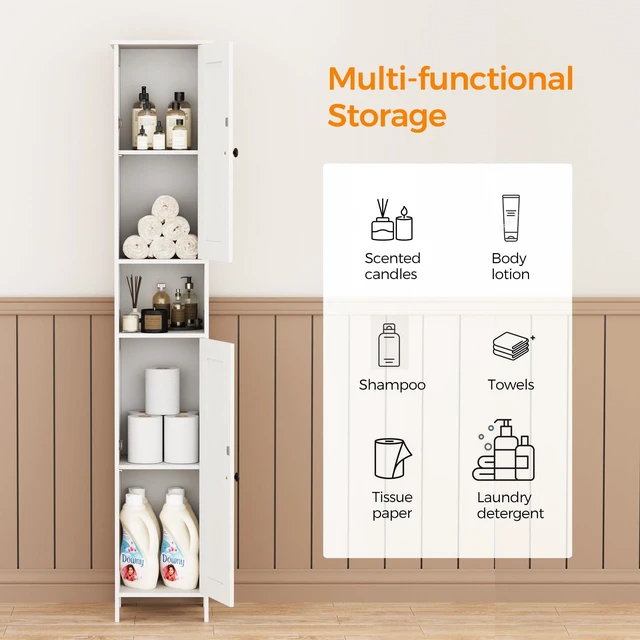 Alt view image 2 of 7 - Tall Bathroom Storage Cabinet with 2 Doors, Slim Bathroom Cabinet | Narrow Storage Cabinet with Adjustable Shelves, Reversible Door, Easy Assembly, for Bathroom, Living Room, White, 11.8''W