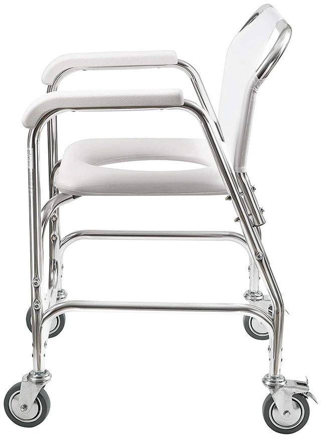 Alt view image 3 of 7 - Rolling Shower Chair, Commode, Transport Chair, FSA Eligible, Rolling Bathroom Wheelchair for Handicap, Elderly, Injured or Disabled, 250 Lb. Weight Capacity, Aluminum Frame, White