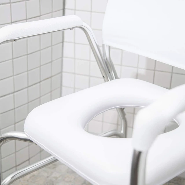 Alt view image 4 of 7 - Rolling Shower Chair, Commode, Transport Chair, FSA Eligible, Rolling Bathroom Wheelchair for Handicap, Elderly, Injured or Disabled, 250 Lb. Weight Capacity, Aluminum Frame, White