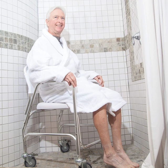 Alt view image 2 of 7 - Rolling Shower Chair, Commode, Transport Chair, FSA Eligible, Rolling Bathroom Wheelchair for Handicap, Elderly, Injured or Disabled, 250 Lb. Weight Capacity, Aluminum Frame, White