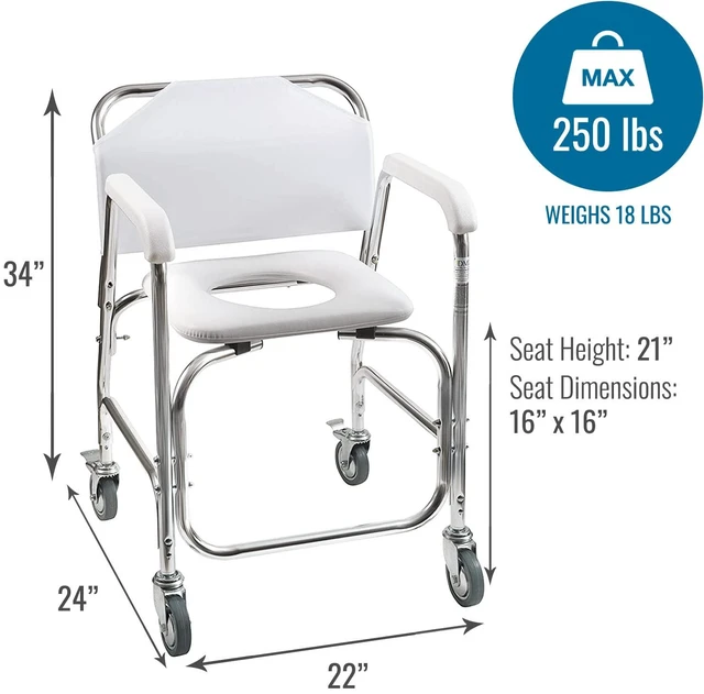 Alt view image 5 of 7 - Rolling Shower Chair, Commode, Transport Chair, FSA Eligible, Rolling Bathroom Wheelchair for Handicap, Elderly, Injured or Disabled, 250 Lb. Weight Capacity, Aluminum Frame, White