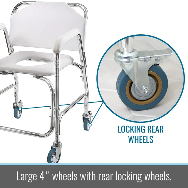 Alt view image 6 of 7 - Rolling Shower Chair, Commode, Transport Chair, FSA Eligible, Rolling Bathroom Wheelchair for Handicap, Elderly, Injured or Disabled, 250 Lb. Weight Capacity, Aluminum Frame, White