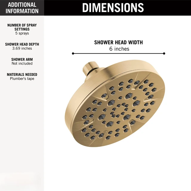 Alt view image 3 of 4 - 5-Setting Champagne Bronze Shower Head with High Pressure Spray, 6 Inch Round Shower Head, Showerheads, 1.75 GPM Flow Rate, Champagne Bronze 52535-CZ