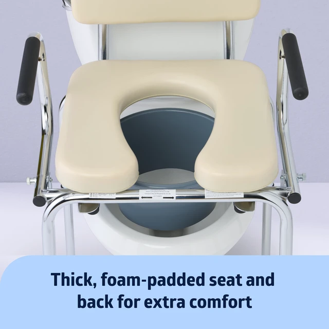 Alt view image 3 of 6 - Drop Arm Commode with Padded Seat and Backrest, Durable Toilet Chair for Adults and Seniors, Removable Pail, Splash Guard, Drop Down Arms for Easy Transfer, 350 lb. Weight Capacity, Tan
