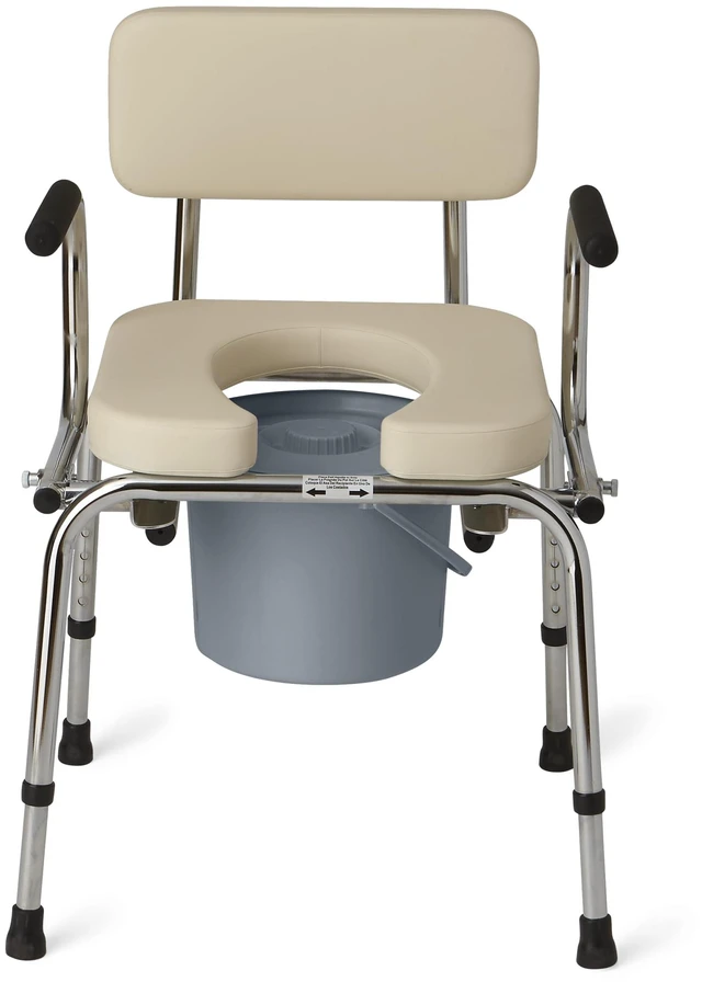 Main image of Drop Arm Commode with Padded Seat and Backrest, Durable Toilet Chair for Adults and Seniors, Removable Pail, Splash Guard, Drop Down Arms for Easy Transfer, 350 lb. Weight Capacity, Tan