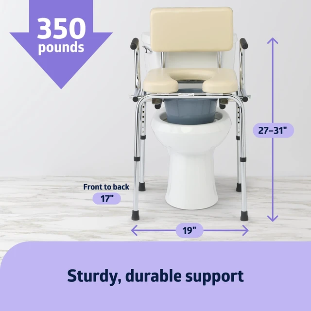 Alt view image 4 of 6 - Drop Arm Commode with Padded Seat and Backrest, Durable Toilet Chair for Adults and Seniors, Removable Pail, Splash Guard, Drop Down Arms for Easy Transfer, 350 lb. Weight Capacity, Tan