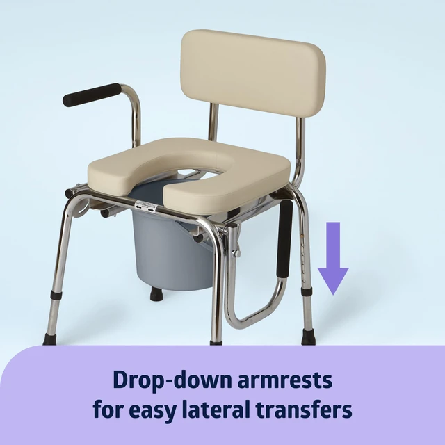 Alt view image 2 of 6 - Drop Arm Commode with Padded Seat and Backrest, Durable Toilet Chair for Adults and Seniors, Removable Pail, Splash Guard, Drop Down Arms for Easy Transfer, 350 lb. Weight Capacity, Tan
