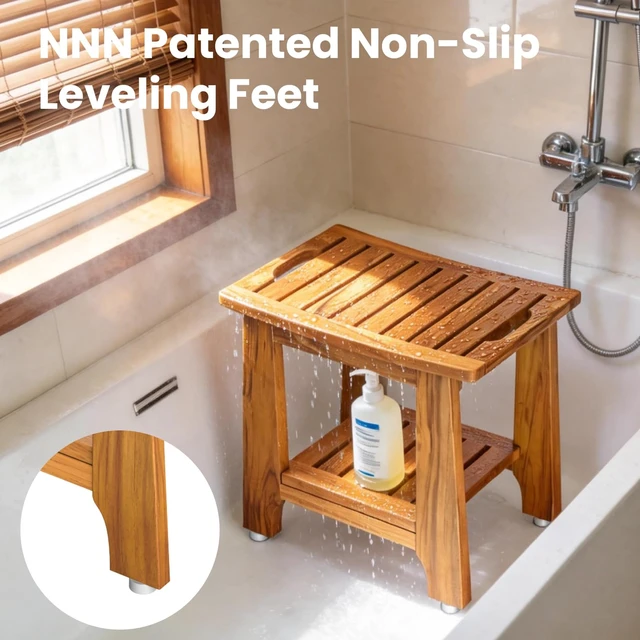 Alt view image 2 of 7 - 18" Standard Teak Shower Bench with Japan-Made Non-Slip Leveling Feet | US Patented Design, Marine-Grade Hardware, Pre-Oiled European Teak Oil, Ready, 300lb, for Standard Tubs Showers & Outdoor Use