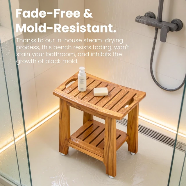 Alt view image 3 of 7 - 18" Standard Teak Shower Bench with Japan-Made Non-Slip Leveling Feet | US Patented Design, Marine-Grade Hardware, Pre-Oiled European Teak Oil, Ready, 300lb, for Standard Tubs Showers & Outdoor Use