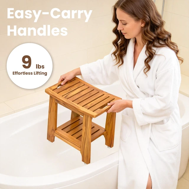 Alt view image 4 of 7 - 18" Standard Teak Shower Bench with Japan-Made Non-Slip Leveling Feet | US Patented Design, Marine-Grade Hardware, Pre-Oiled European Teak Oil, Ready, 300lb, for Standard Tubs Showers & Outdoor Use