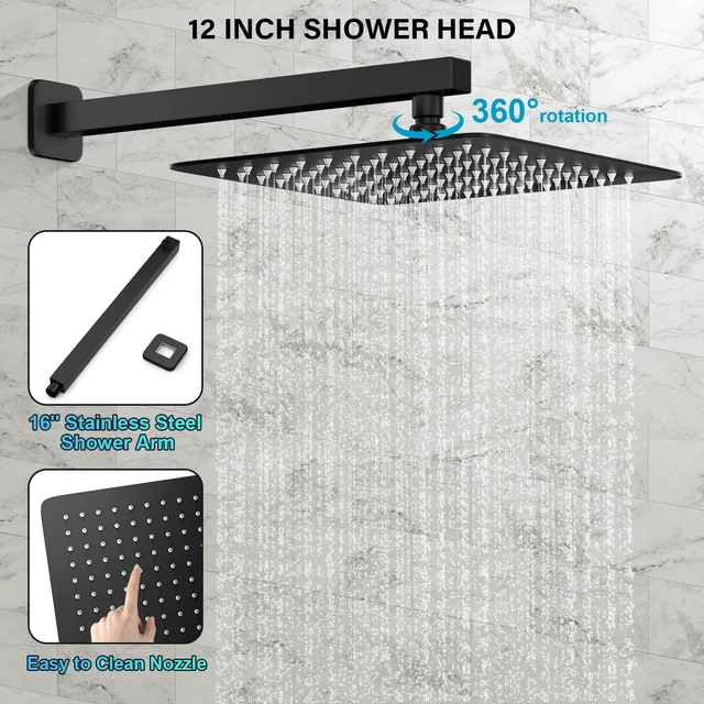 Alt view image 3 of 7 - Shower Faucet Set with 10 Inch Matte Black Rain Shower Head | Pressure Balance Shower Valve and Trim Kit, SUS304 Square Shower Head and Handle Set, All Metal, Wall Mounted Shower Fixtures