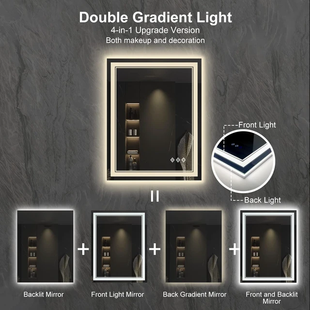 Alt view image 4 of 6 - LED Bathroom Mirror, 24x32 Inch Vanity Mirror with Lights | Gradient Front and Backlit Bathroom Mirror with Lights, 3 Colors Dimmable CRI>90, IP54 Enhanced Anti-Fog, Hanging Plates
