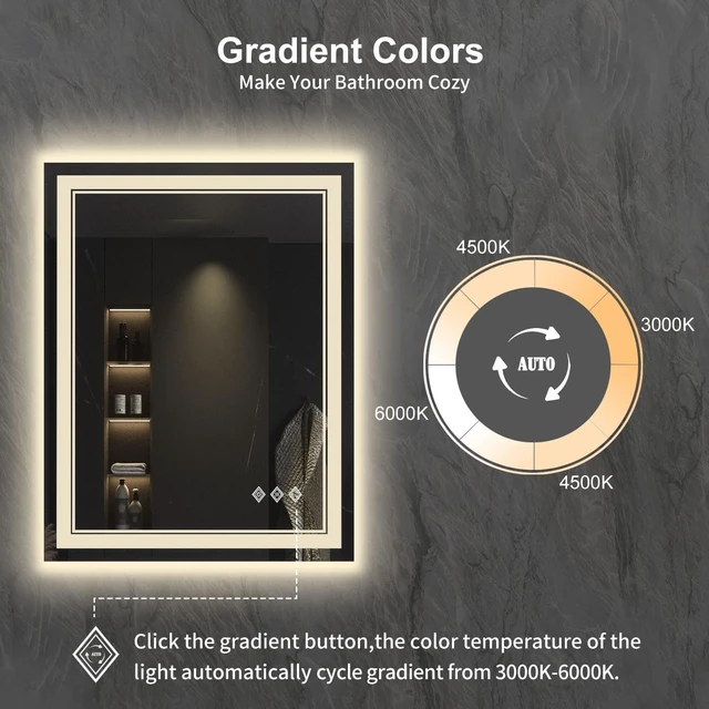 Alt view image 3 of 6 - LED Bathroom Mirror, 24x32 Inch Vanity Mirror with Lights | Gradient Front and Backlit Bathroom Mirror with Lights, 3 Colors Dimmable CRI>90, IP54 Enhanced Anti-Fog, Hanging Plates