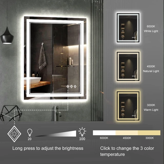 Alt view image 5 of 6 - LED Bathroom Mirror, 24x32 Inch Vanity Mirror with Lights | Gradient Front and Backlit Bathroom Mirror with Lights, 3 Colors Dimmable CRI>90, IP54 Enhanced Anti-Fog, Hanging Plates