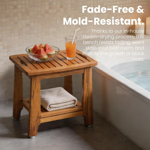 Alt view image 6 of 7 - 18" Standard Teak Shower Bench with Japan-Made Non-Slip Leveling Feet | US Patented Design, Marine-Grade Hardware, Pre-Oiled European Teak Oil, Ready, 300lb, for Standard Tubs Showers & Outdoor Use