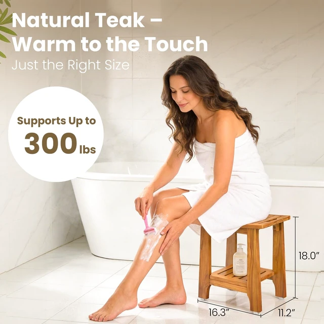 Alt view image 5 of 7 - 18" Standard Teak Shower Bench with Japan-Made Non-Slip Leveling Feet | US Patented Design, Marine-Grade Hardware, Pre-Oiled European Teak Oil, Ready, 300lb, for Standard Tubs Showers & Outdoor Use