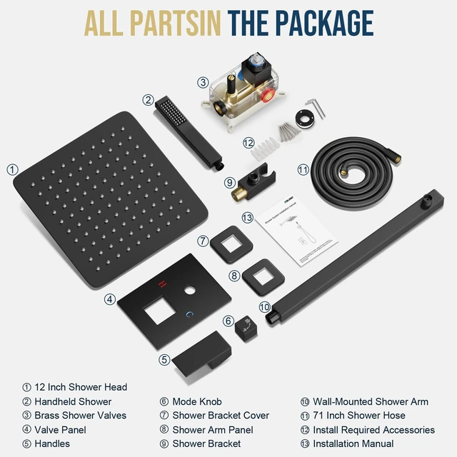 Alt view image 7 of 7 - Shower Faucet Set with 10 Inch Matte Black Rain Shower Head | Pressure Balance Shower Valve and Trim Kit, SUS304 Square Shower Head and Handle Set, All Metal, Wall Mounted Shower Fixtures