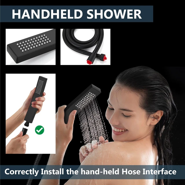 Alt view image 4 of 7 - Shower Faucet Set with Handheld Matte Black 8 Inch Head | Pressure Balance Shower Valve and Trim Kit,SUS304 Rain Head and Handle System,All Metal,Wall Mount,Bathroom,Handheld Spray