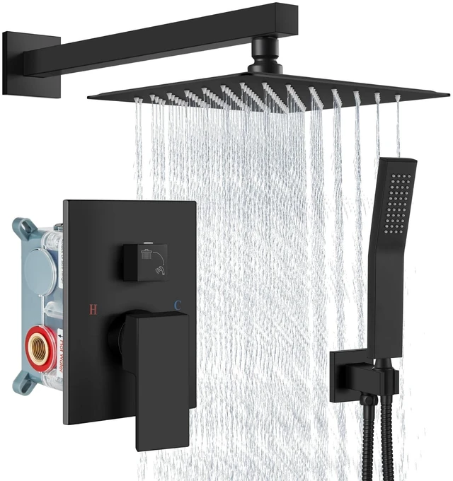 Main image of Shower Faucet Set with Handheld Matte Black 8 Inch Head | Pressure Balance Shower Valve and Trim Kit,SUS304 Rain Head and Handle System,All Metal,Wall Mount,Bathroom,Handheld Spray