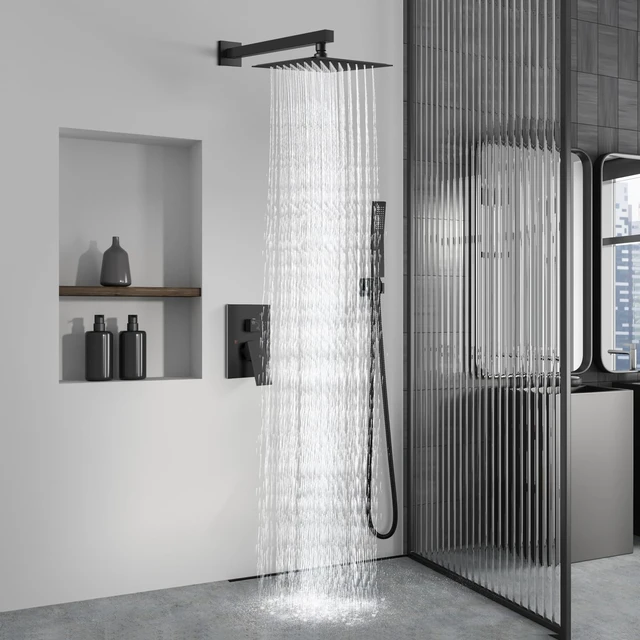 Alt view image 2 of 7 - Shower Faucet Set with Handheld Matte Black 8 Inch Head | Pressure Balance Shower Valve and Trim Kit,SUS304 Rain Head and Handle System,All Metal,Wall Mount,Bathroom,Handheld Spray