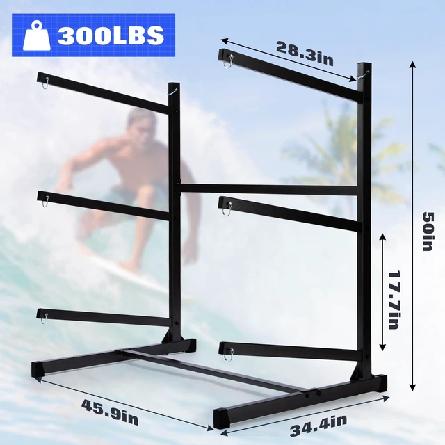 Alt view image 2 of 7 - Freestanding Kayak Storage Rack Kayak Tackle Storage Heavy Duty Weatherproof Outdoor Storage Rack Storage Hooks for Kayaks, SUP, Canoe Paddleboard, 3 Levels, Black, SL35003BK