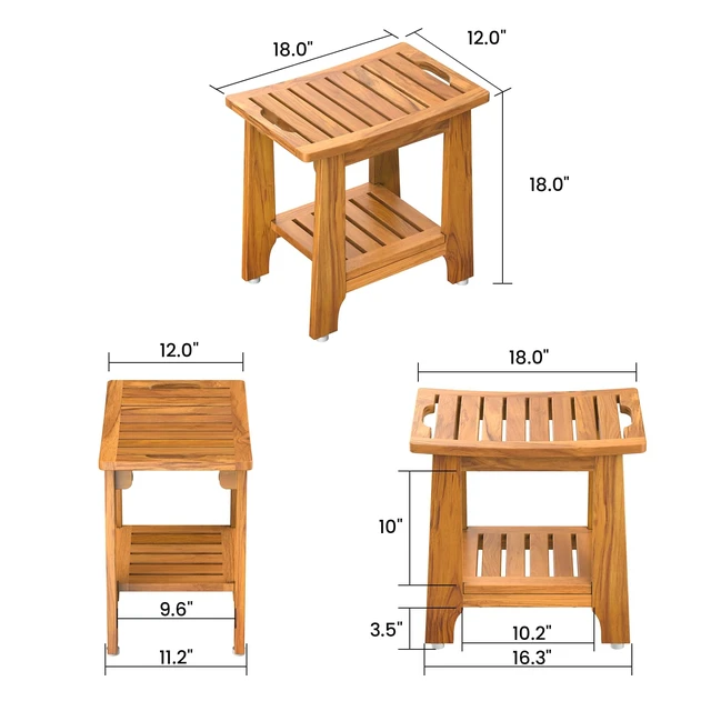 Alt view image 7 of 7 - 18" Standard Teak Shower Bench with Japan-Made Non-Slip Leveling Feet | US Patented Design, Marine-Grade Hardware, Pre-Oiled European Teak Oil, Ready, 300lb, for Standard Tubs Showers & Outdoor Use
