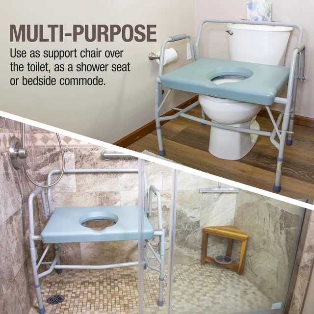 Alt view image 2 of 7 - Drop Arm Portable Toilet Commode, Extra-Wide Seat, 500 Pound Weight Capacity, Bucket with Lid Included, Adjustable Legs, Elderly Assistance Products, Grey