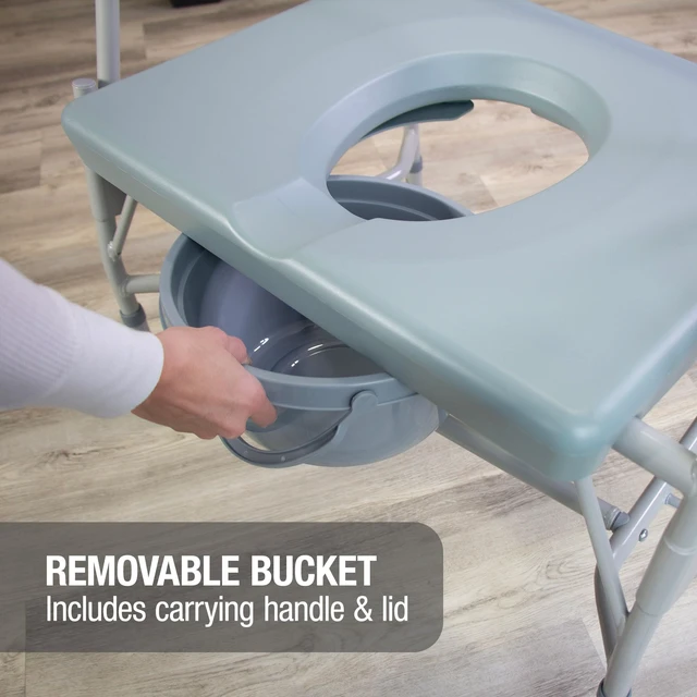 Alt view image 3 of 7 - Drop Arm Portable Toilet Commode, Extra-Wide Seat, 500 Pound Weight Capacity, Bucket with Lid Included, Adjustable Legs, Elderly Assistance Products, Grey