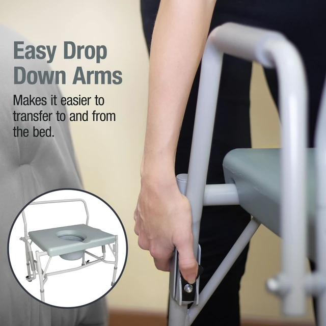 Alt view image 4 of 7 - Drop Arm Portable Toilet Commode, Extra-Wide Seat, 500 Pound Weight Capacity, Bucket with Lid Included, Adjustable Legs, Elderly Assistance Products, Grey