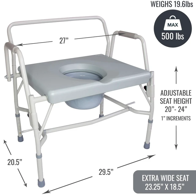 Alt view image 6 of 7 - Drop Arm Portable Toilet Commode, Extra-Wide Seat, 500 Pound Weight Capacity, Bucket with Lid Included, Adjustable Legs, Elderly Assistance Products, Grey