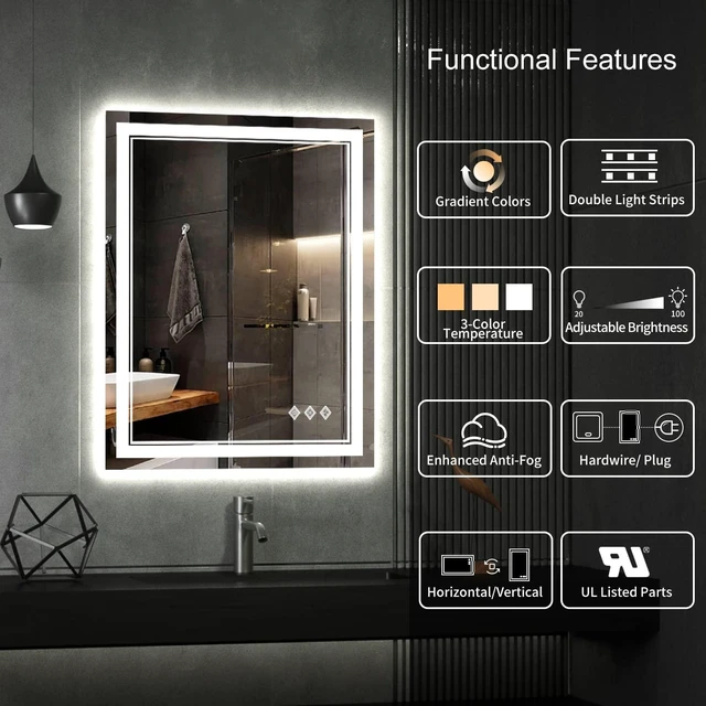Alt view image 2 of 6 - LED Bathroom Mirror, 24x32 Inch Vanity Mirror with Lights | Gradient Front and Backlit Bathroom Mirror with Lights, 3 Colors Dimmable CRI>90, IP54 Enhanced Anti-Fog, Hanging Plates