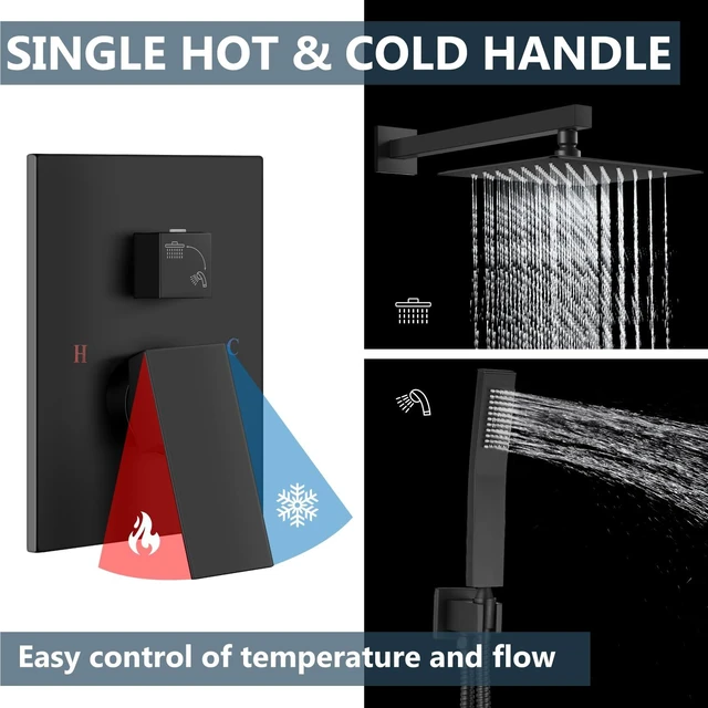Alt view image 7 of 7 - Shower Faucet Set with Handheld Matte Black 8 Inch Head | Pressure Balance Shower Valve and Trim Kit,SUS304 Rain Head and Handle System,All Metal,Wall Mount,Bathroom,Handheld Spray
