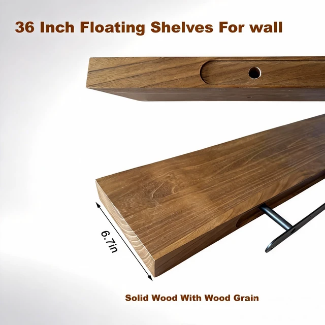 Alt view image 3 of 7 - 36 Inches Long Walnut Floating Shelves with Led Light | Rustic Solid Wood Farmhouse Wall Shelves with Invisible Brackets for Bedroom, Living Room, Kitchen, Bathroom Set of 2