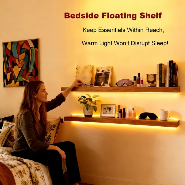 Alt view image 5 of 7 - 36 Inches Long Walnut Floating Shelves with Led Light | Rustic Solid Wood Farmhouse Wall Shelves with Invisible Brackets for Bedroom, Living Room, Kitchen, Bathroom Set of 2