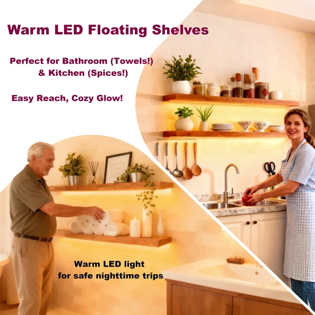 Alt view image 4 of 7 - 36 Inches Long Walnut Floating Shelves with Led Light | Rustic Solid Wood Farmhouse Wall Shelves with Invisible Brackets for Bedroom, Living Room, Kitchen, Bathroom Set of 2